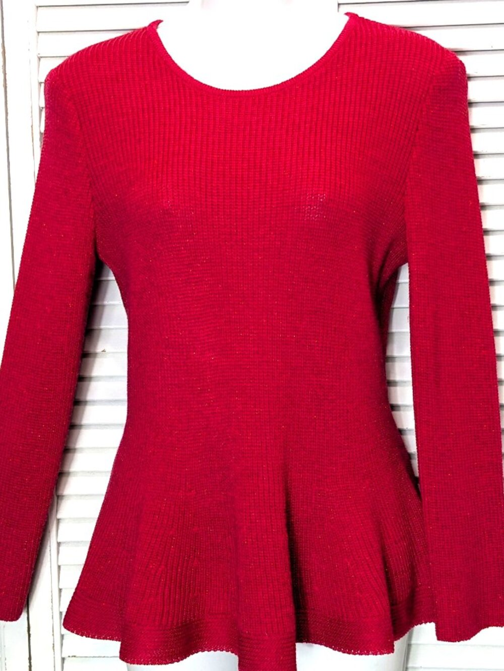 ST JOHN Long Sleeve Sweater Red Peplum Lurex sparkle Formal Cocktail